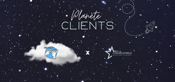 Illustration d'un article Planète client sur "Des signes moi" - fond étoile petit nuage sous le logo et logo de cosmicworld
